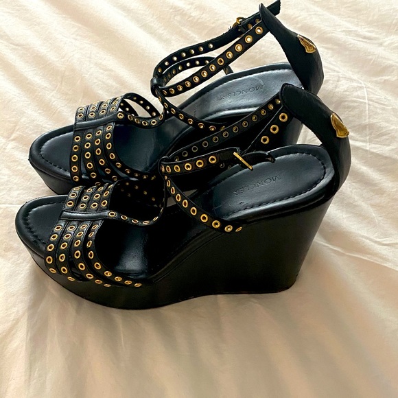 Black Leather Quiberon Platform Wedge - Picture 1 of 4